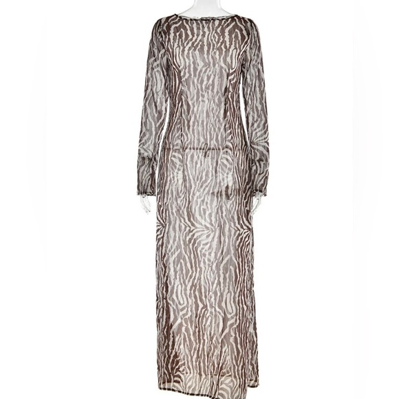 Andrea Sexy Zebra Print Long Sleeves See Through Maxi Dress - Picture 9 of 12